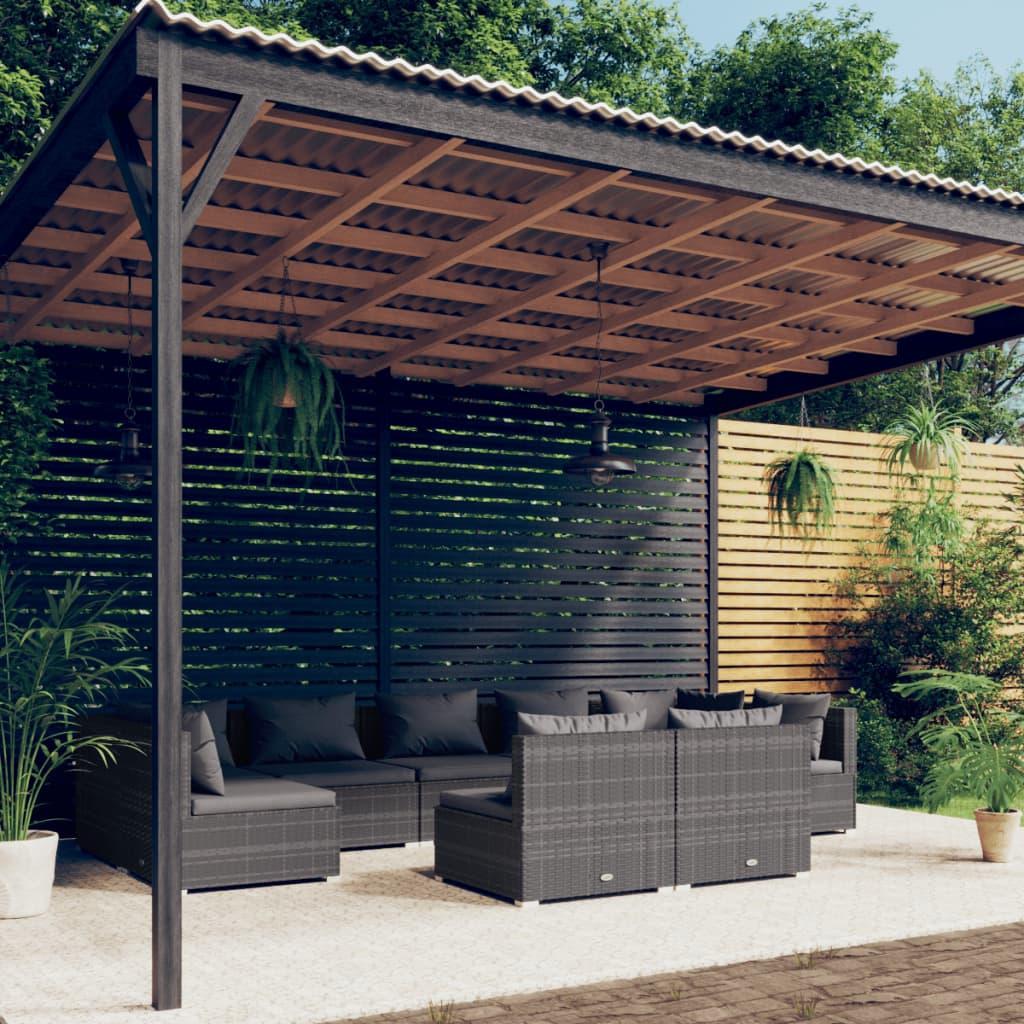 Loungesæt til haven i polyrattan - 9 dele med hynder, grå