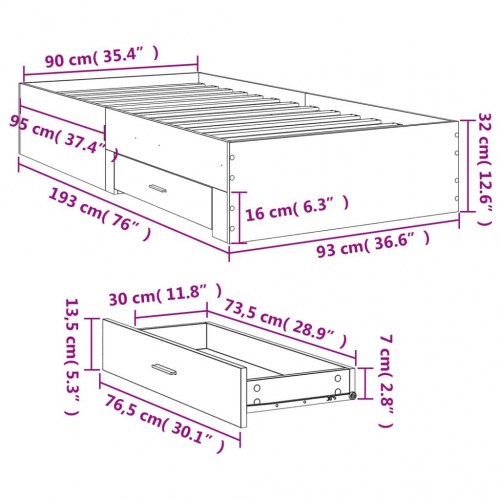 Sengeramme med skuffer 90x190 cm - røget eg