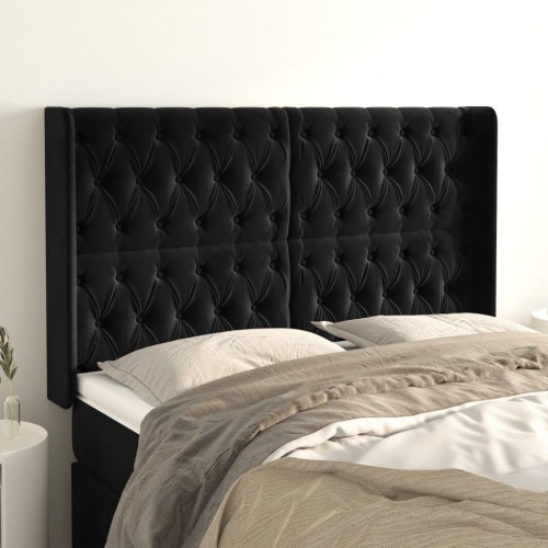 Sengegavl med kanter i fløjl 163 x 16 x 118/128 cm - sort