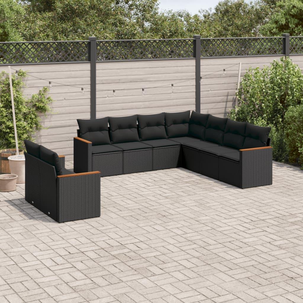 Sofasæt til haven i polyrattan - 9 dele med hynder, sort