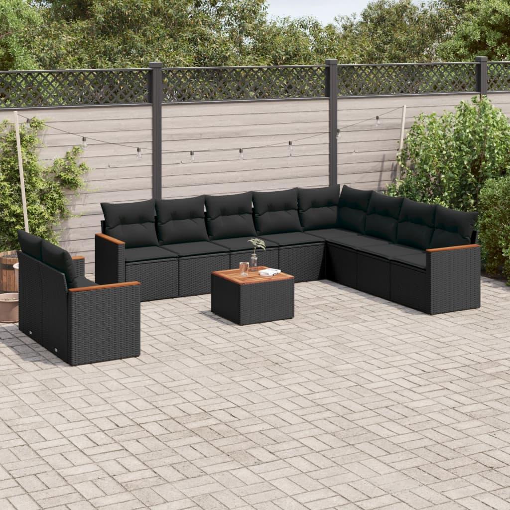 Sofasæt til haven i polyrattan - 11 dele med hynder, sort