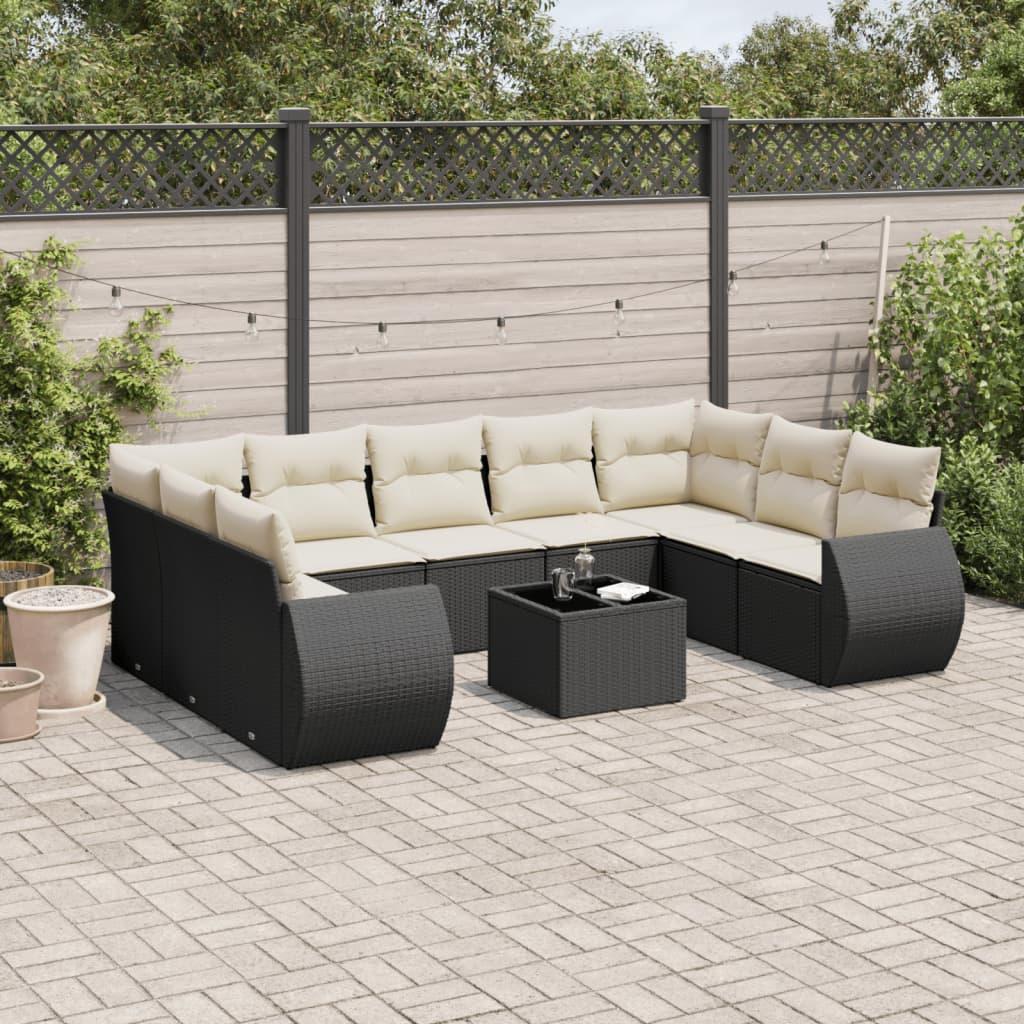 Sofasæt til haven i polyrattan - 10 dele, sort med hynder