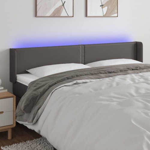 Sengegavl med LED-lys i kunstlæder - grå, 203 x 16 x 78/88 cm