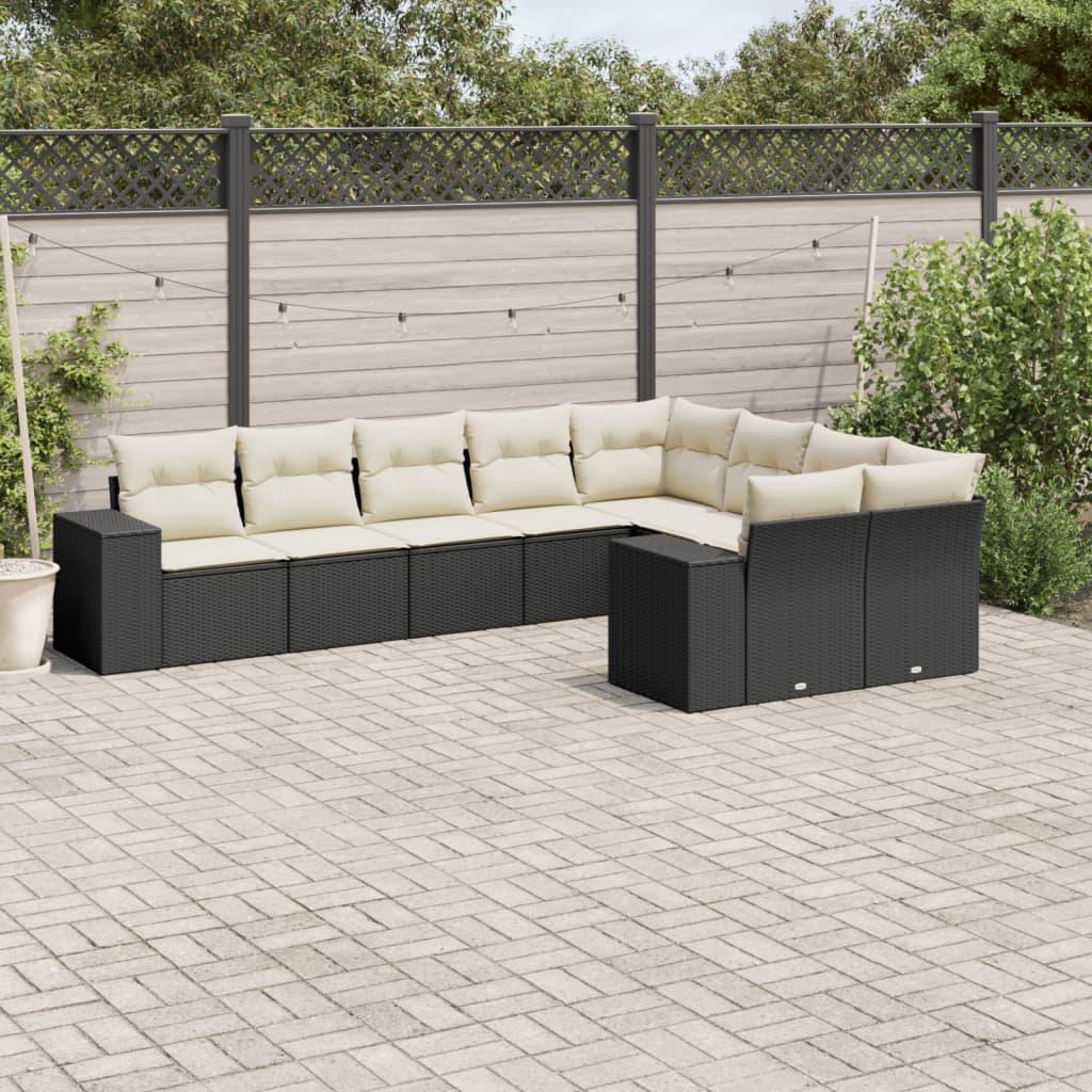 Sofasæt til haven i polyrattan - 9 dele med hynder, sort