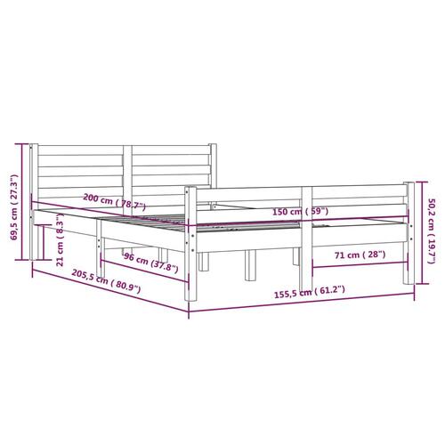 Sengeramme 150x200 cm King Size massivt fyrretræ hvid