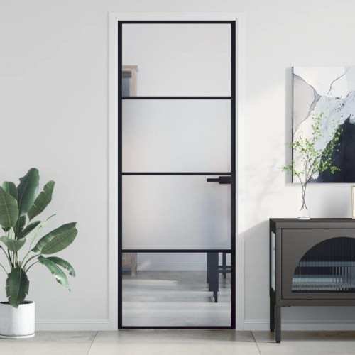 Indvendig glasdør 76 × 201,5 cm - hærdet glas og sort aluminium