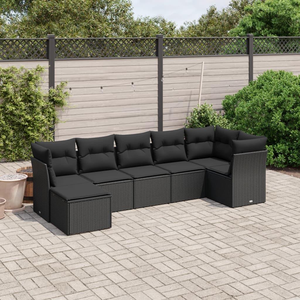 Sofasæt til haven i polyrattan - 7 dele med hynder, sort