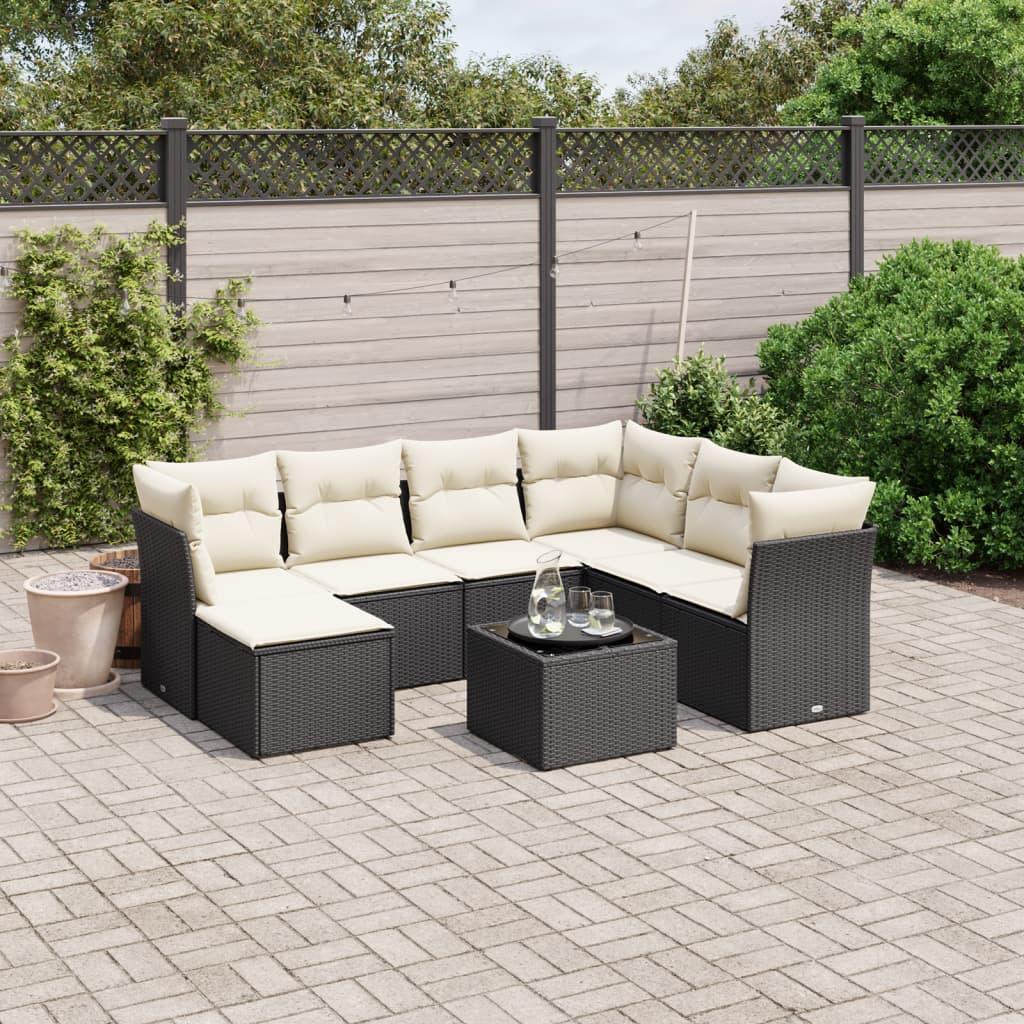 Sofasæt til haven i polyrattan - 8 dele med hynder, sort/creme