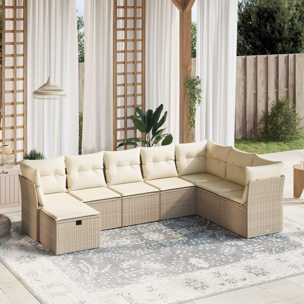 Sofasæt til haven i polyrattan - 8 dele med hynder, beige