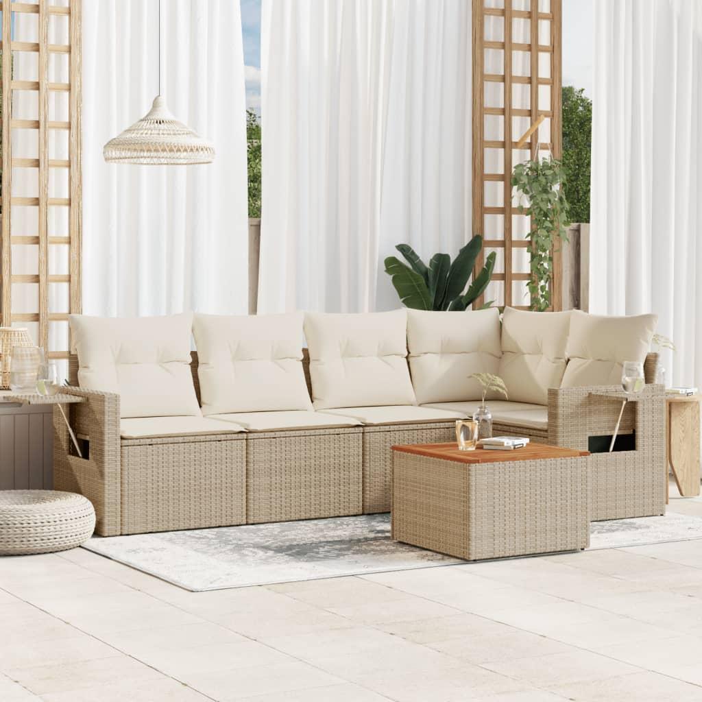 Havesofasæt 6 Dele Med Hynder Polyrattan Beige - Beige / bord hjørnedel 2x midterdel