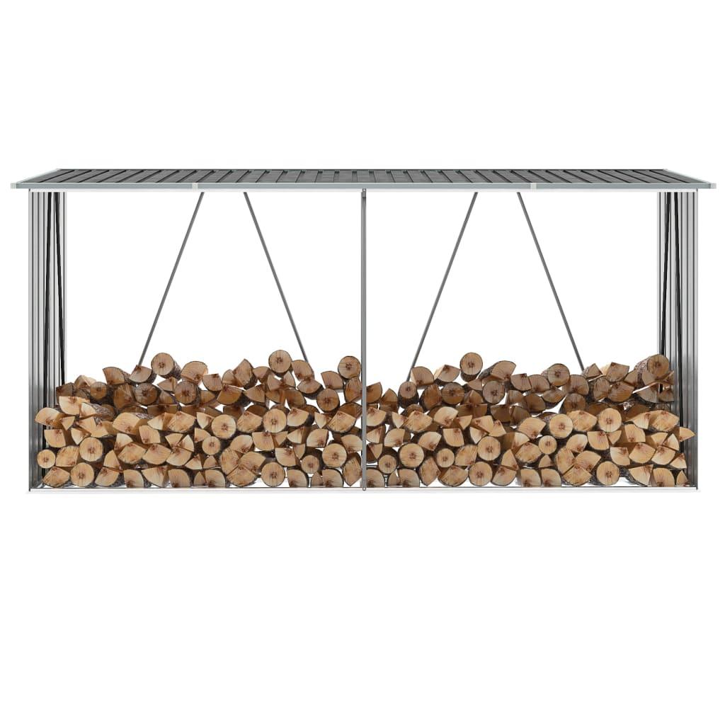 Brændeskur til haven galvaniseret stål 330x84x152 cm grå
