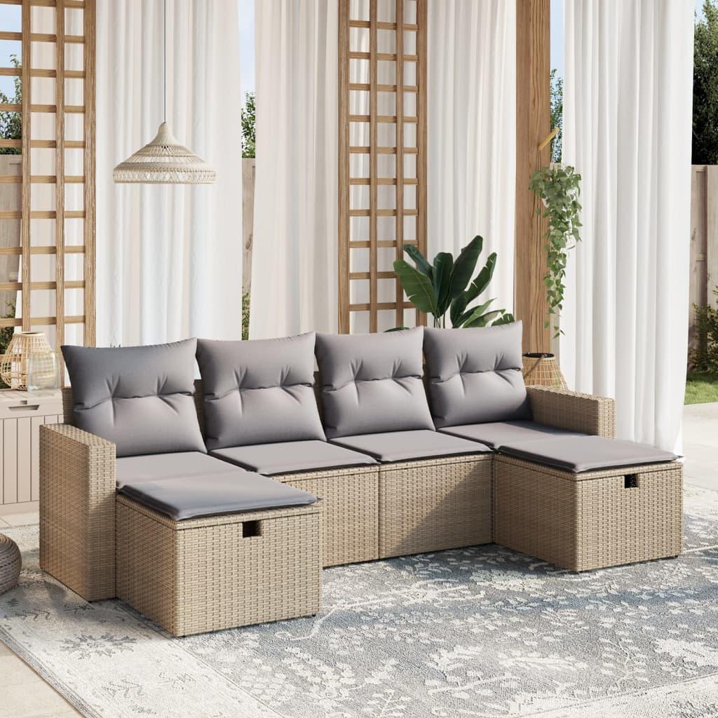 Havesofasæt 6 dele med hynder i polyrattan - beige og lysegrå