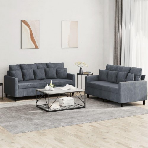 Sofasæt i velour - 2 dele med hynder, mørkegrå