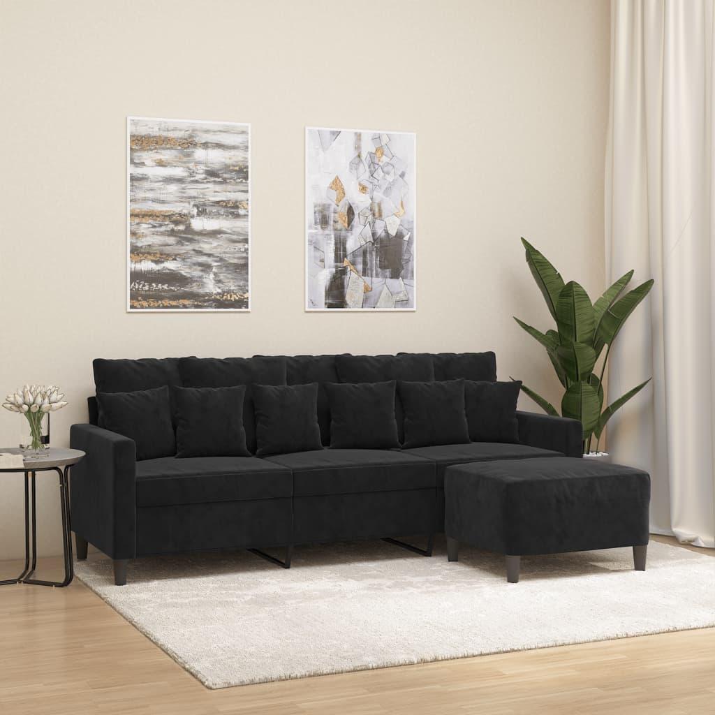 3-Personers Sofa Med Fodskammel 180 Cm Velour - Sort