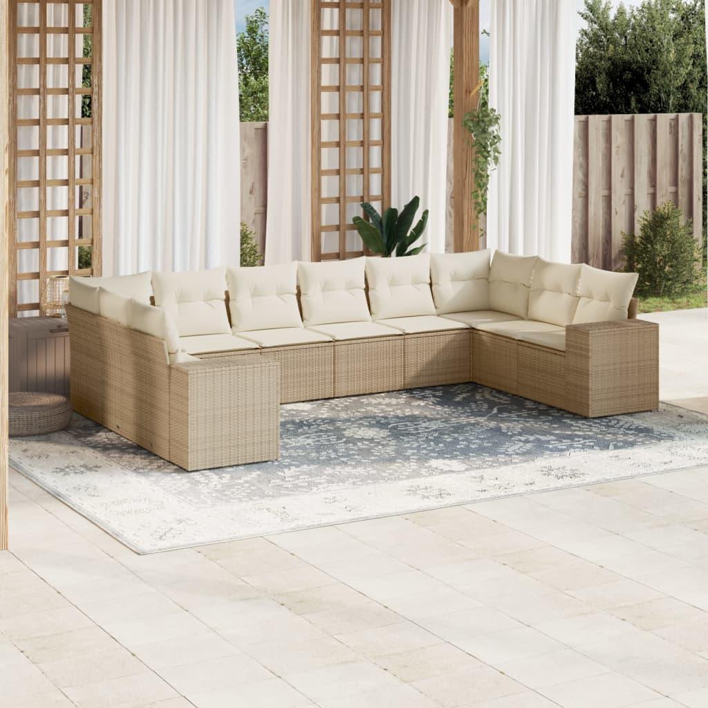 Sofasæt til haven i polyrattan, 10 dele med hynder - beige