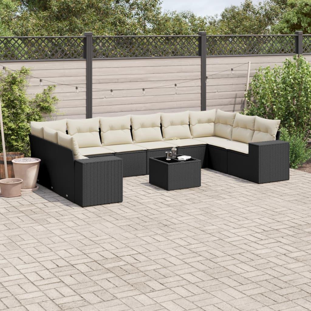 Sofasæt Til Haven 11 Dele Med Hynder Polyrattan - Sort og cremefarvet / Med bord