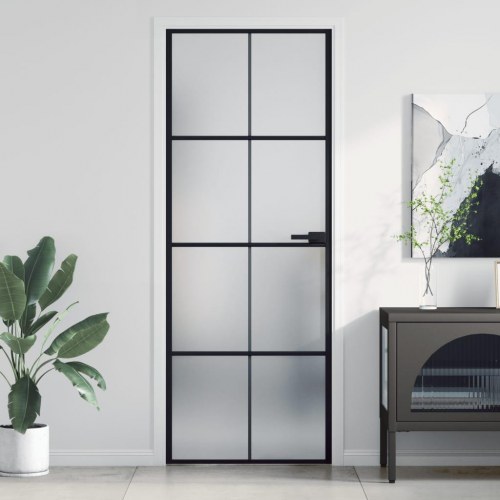 Indvendig dør 76×201,5 cm - hærdet glas og sort aluminium