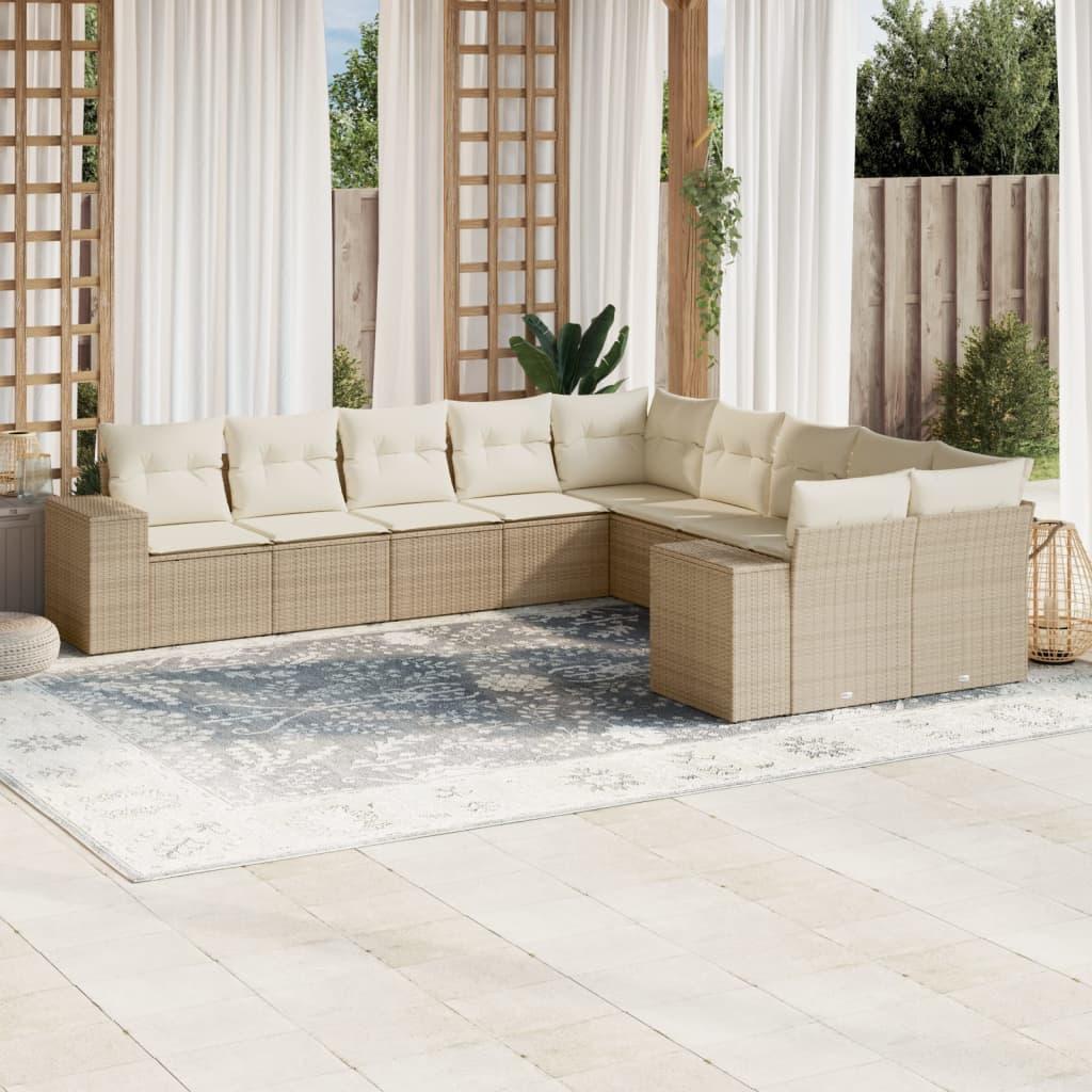Sofasæt til haven i polyrattan, 10 dele med hynder - beige