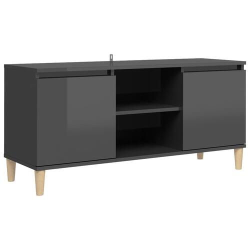 Tv-bord med massive træben 103,5x35x50 cm grå højglans