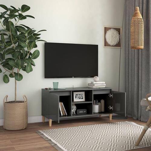 Tv-bord med massive træben 103,5x35x50 cm grå højglans