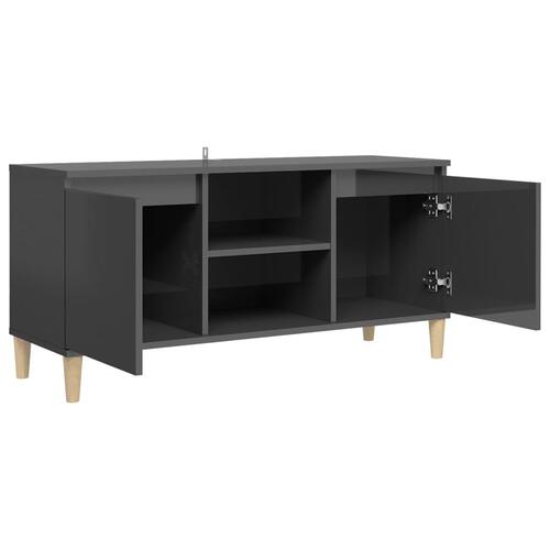Tv-bord med massive træben 103,5x35x50 cm grå højglans