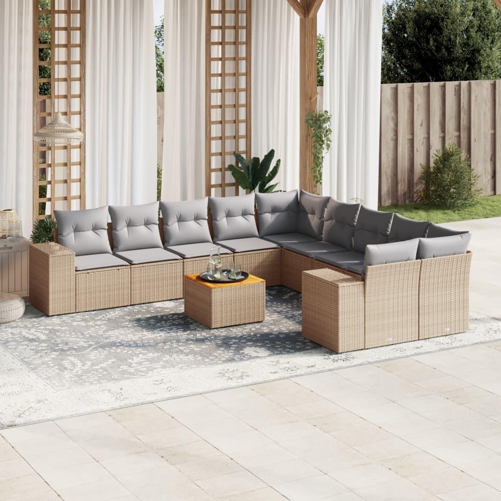Sofasæt Til Haven 11 Dele Med Hynder Polyrattan - beige og lysegrå / bord 6x midterdel 2x hjørnedel