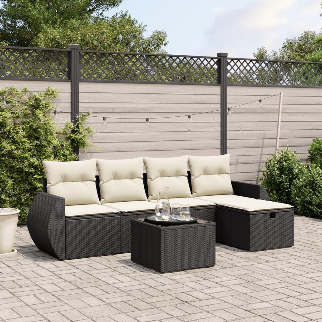 Havesofasæt i polyrattan - 6 dele med hynder, sort