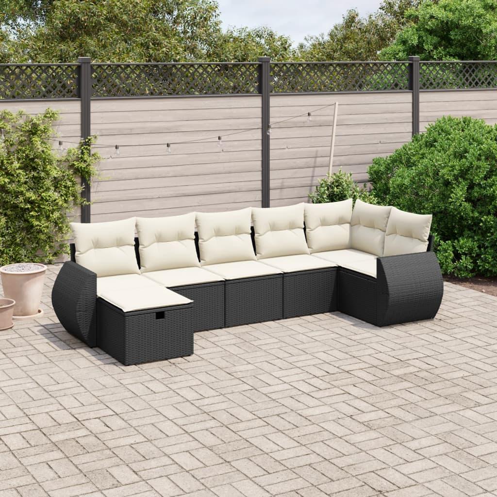 Sofasæt til haven i polyrattan - 7 dele med hynder, sort/creme