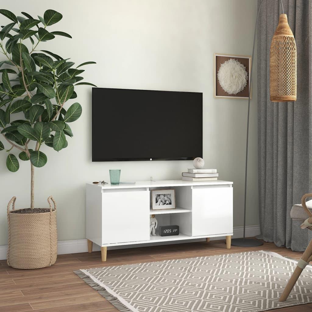 Tv-bord med massive træben 103,5x35x50 cm hvid højglans