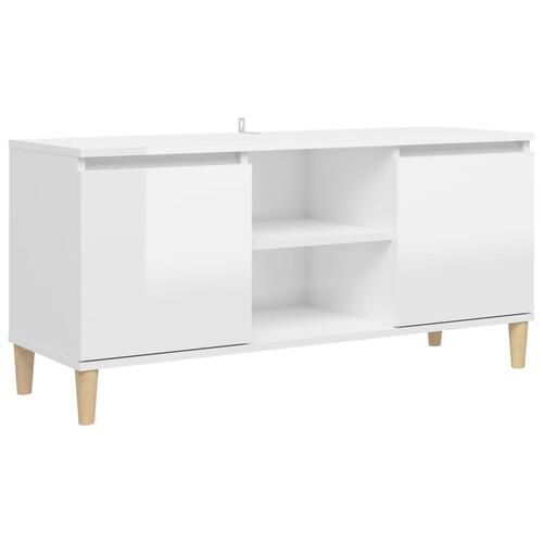 Tv-bord med massive træben 103,5x35x50 cm hvid højglans