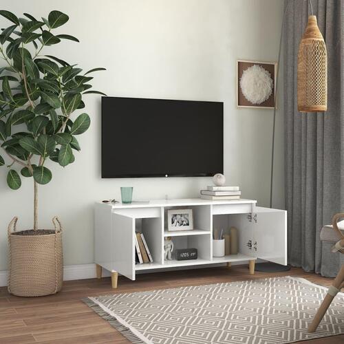 Tv-bord med massive træben 103,5x35x50 cm hvid højglans