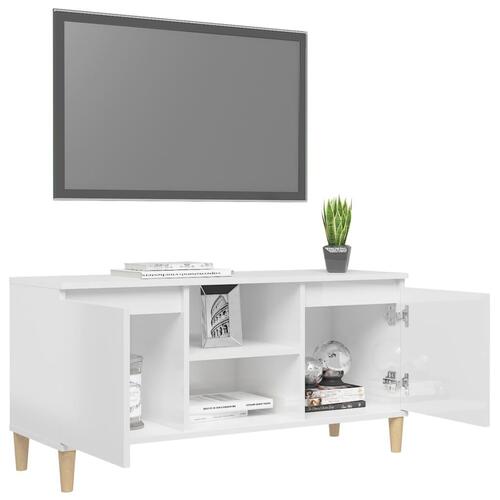 Tv-bord med massive træben 103,5x35x50 cm hvid højglans