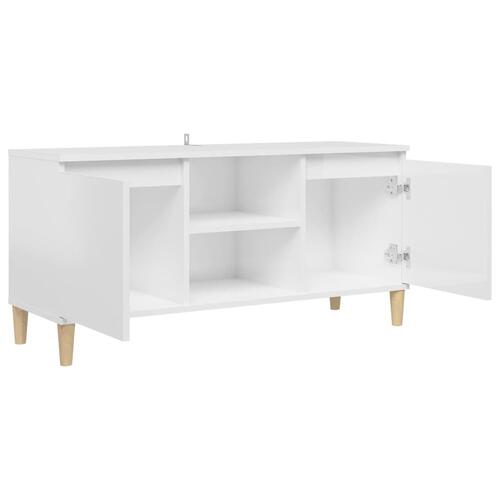 Tv-bord med massive træben 103,5x35x50 cm hvid højglans