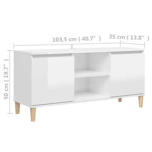Tv-bord med massive træben 103,5x35x50 cm hvid højglans
