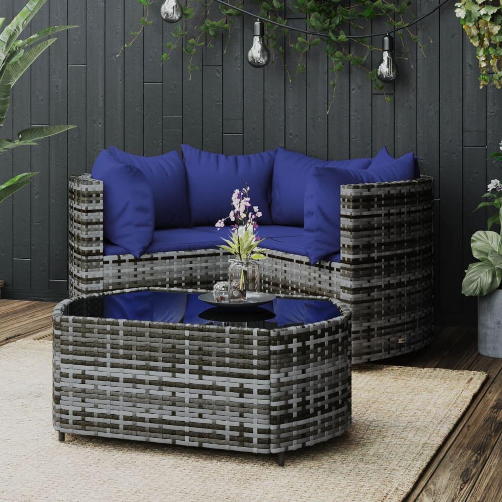 Loungesæt til haven i polyrattan - 4 dele, grå/mørkeblå hynder