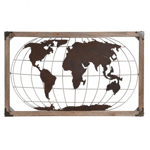 Dekorativt verdenskort i metal og fyrretræ - kobber, 75 × 6 × 46 cm