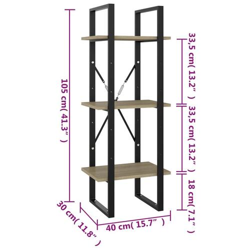Bogreol med 3 hylder 40x30x105 cm konstrueret træ sonoma-eg