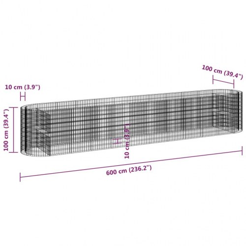 Gabion-højbed 600×100×100 cm i galvaniseret jern - sølvfarvet