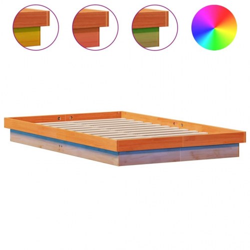 Sengeramme med LED-lys 135×190 cm - massivt fyrretræ, brun