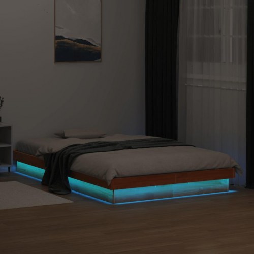 Sengeramme med LED-lys 135×190 cm - massivt fyrretræ, brun
