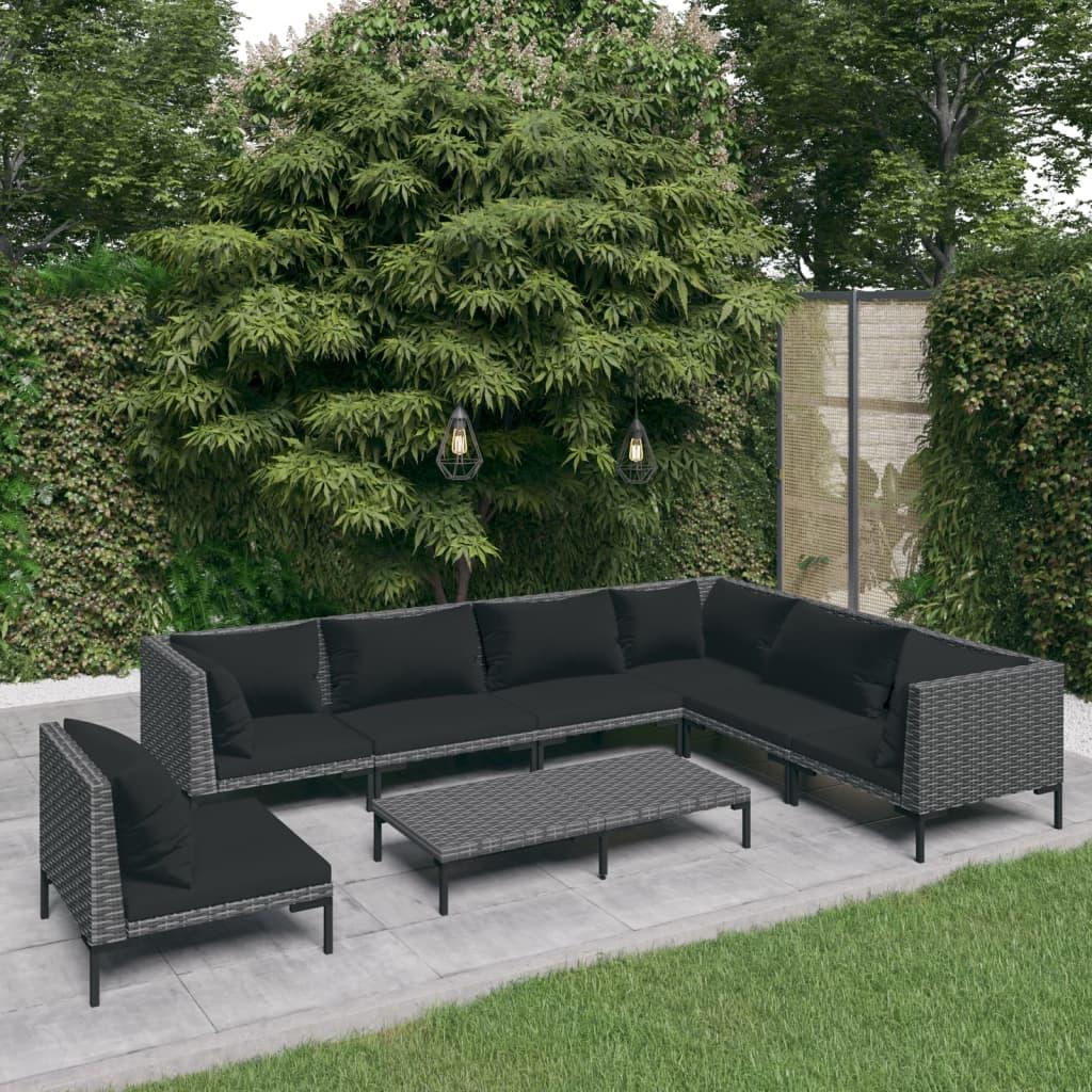 Loungesæt til haven i polyrattan - 8 dele med hynder, mørkegrå/sort