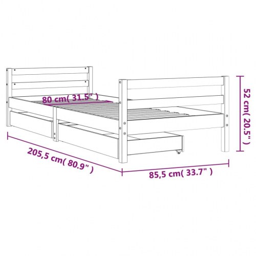 Sengeramme til juniorseng med skuffer 80×200 cm - massivt fyr, hvid