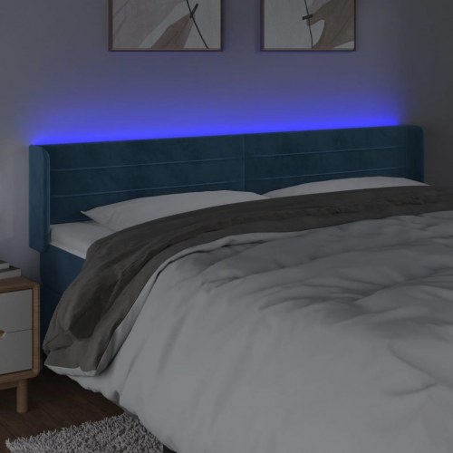 Sengegavl med LED-lys i fløjl - mørkeblå, 163 x 16 x 78/88 cm