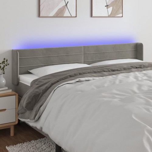 Sengegavl med LED-lys i fløjl - lysegrå, 203 x 16 x 78/88 cm