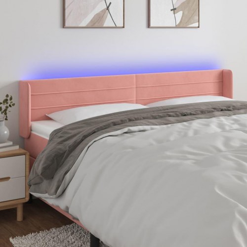 Sengegavl med LED-lys i fløjl - lyserød, 203 x 16 x 78/88 cm