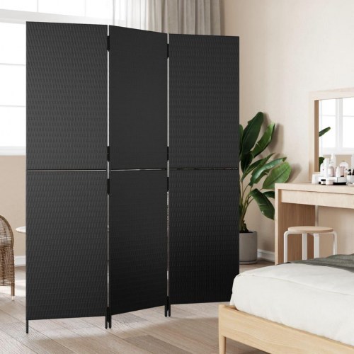 Rumdeler med 3 paneler i polyrattan - sort, foldbar skærm 147 × 180 cm