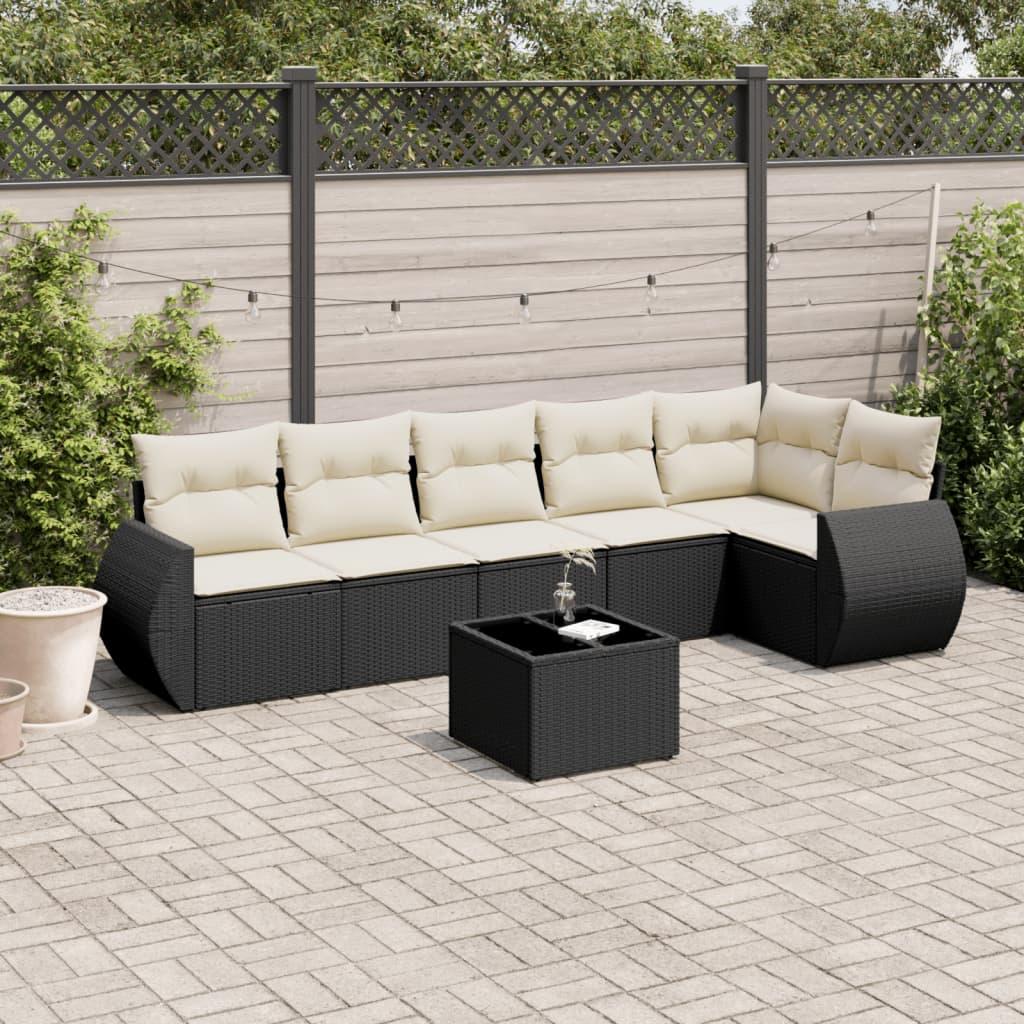 Sofasæt til haven i polyrattan - 7 dele med hynder, sort