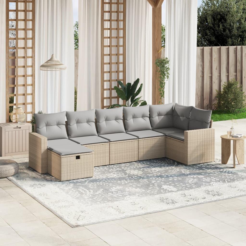 Havesofasæt 7 dele med hynder i polyrattan - beige/lysegrå