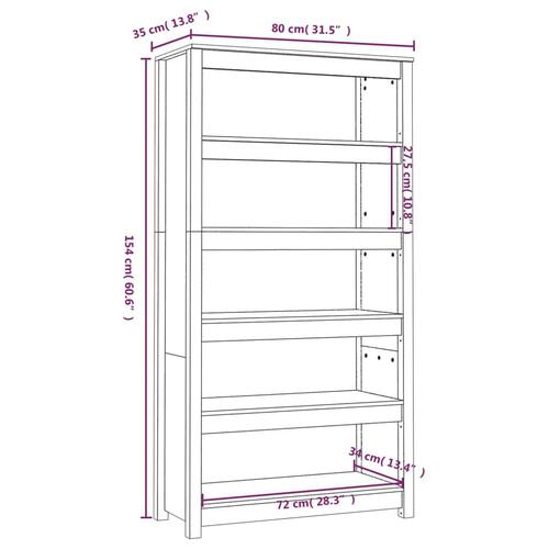 Bogreol 80x35x154 cm massivt fyrretræ hvid