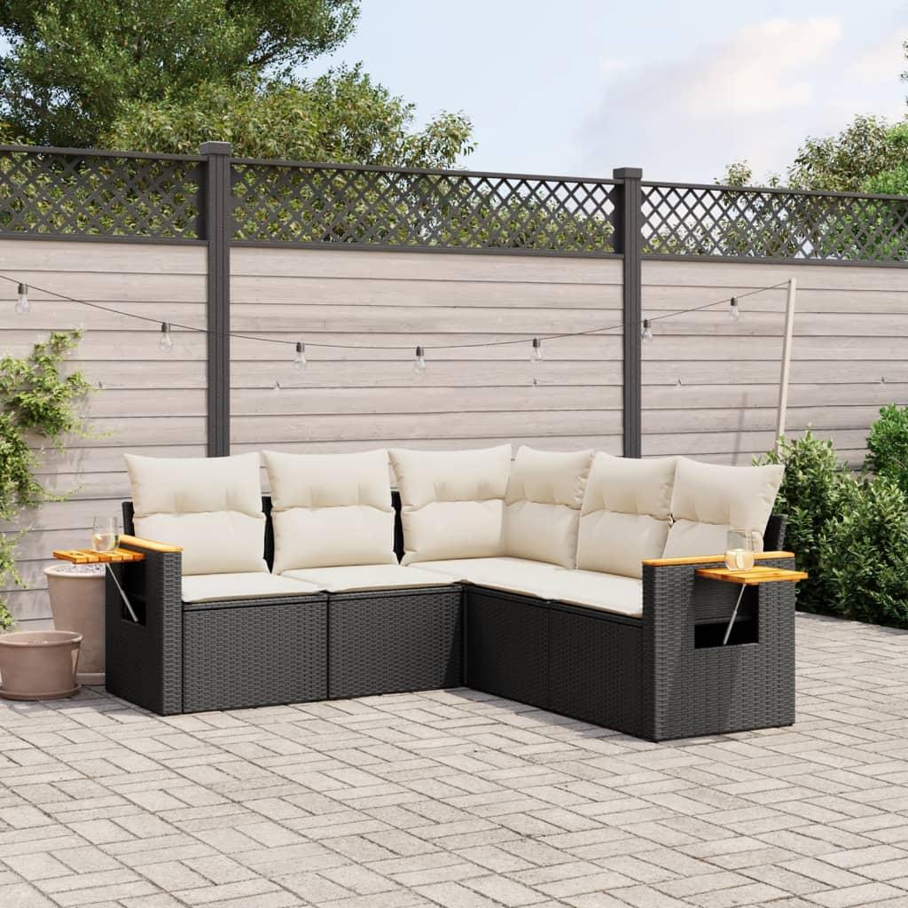 Sofasæt til haven 5 dele med hynder og sideborde i polyrattan - sort